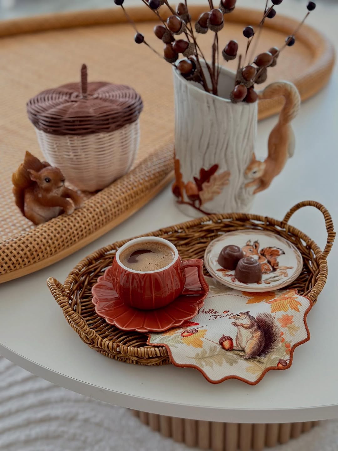 Forest Story – Squirrel and Acorn Embroidered Edge Cocktail Napkin 1 Piece