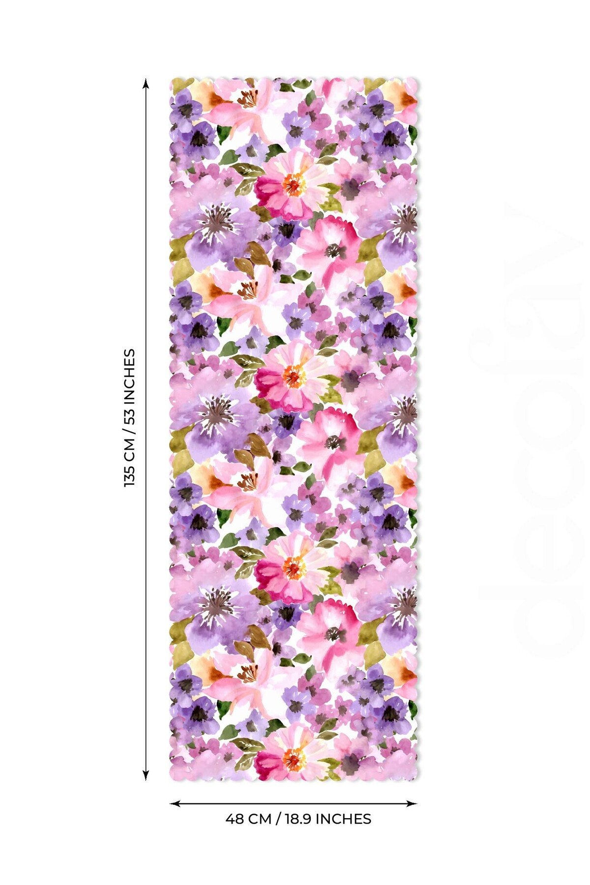 Runner Sulu Boya Pembe Mor Çiçek Desenli Dijital Baskılı - 48x135cm