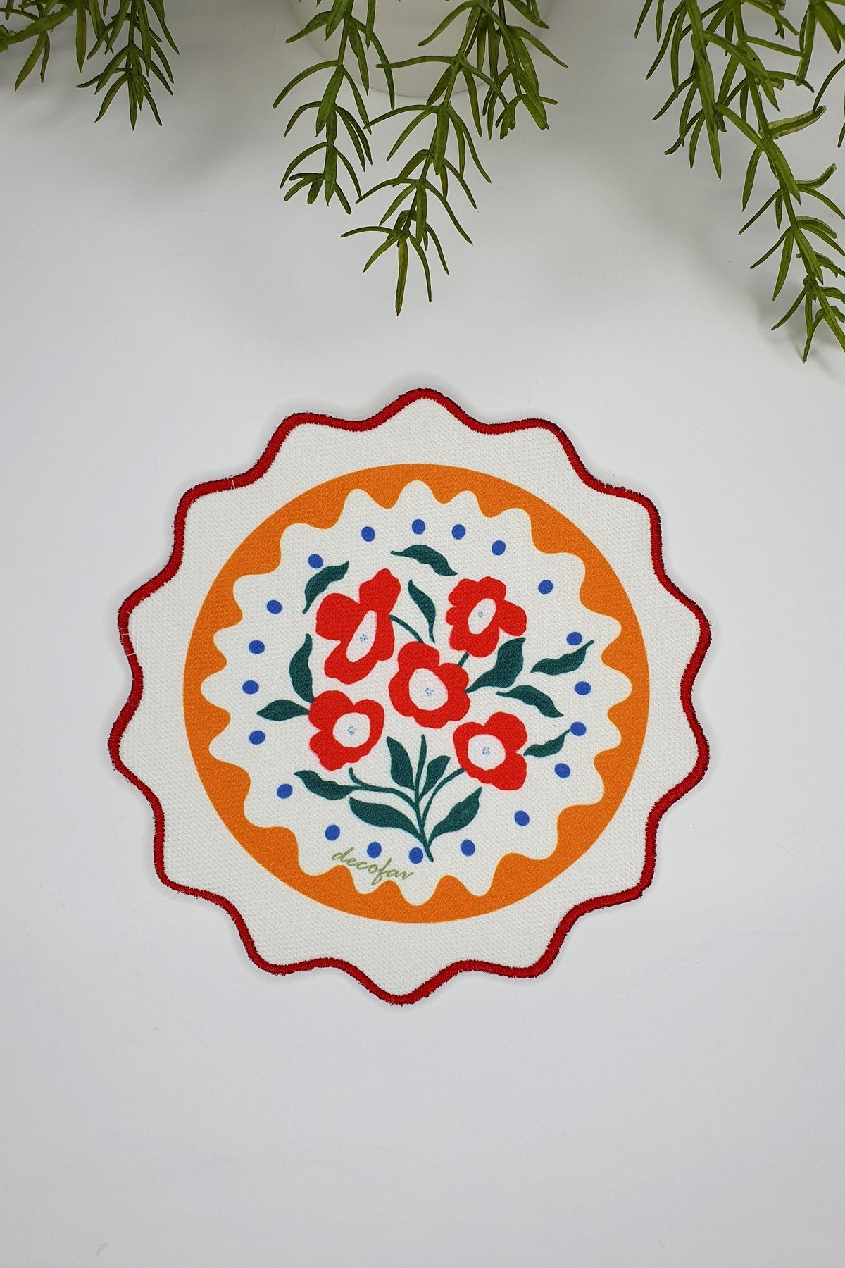2'li Mavi Puantiyeli Turuncu Çerçeveli Retro Çiçek Desenli Nakış Kenar Kokteyl Peçetesi 2 Adet