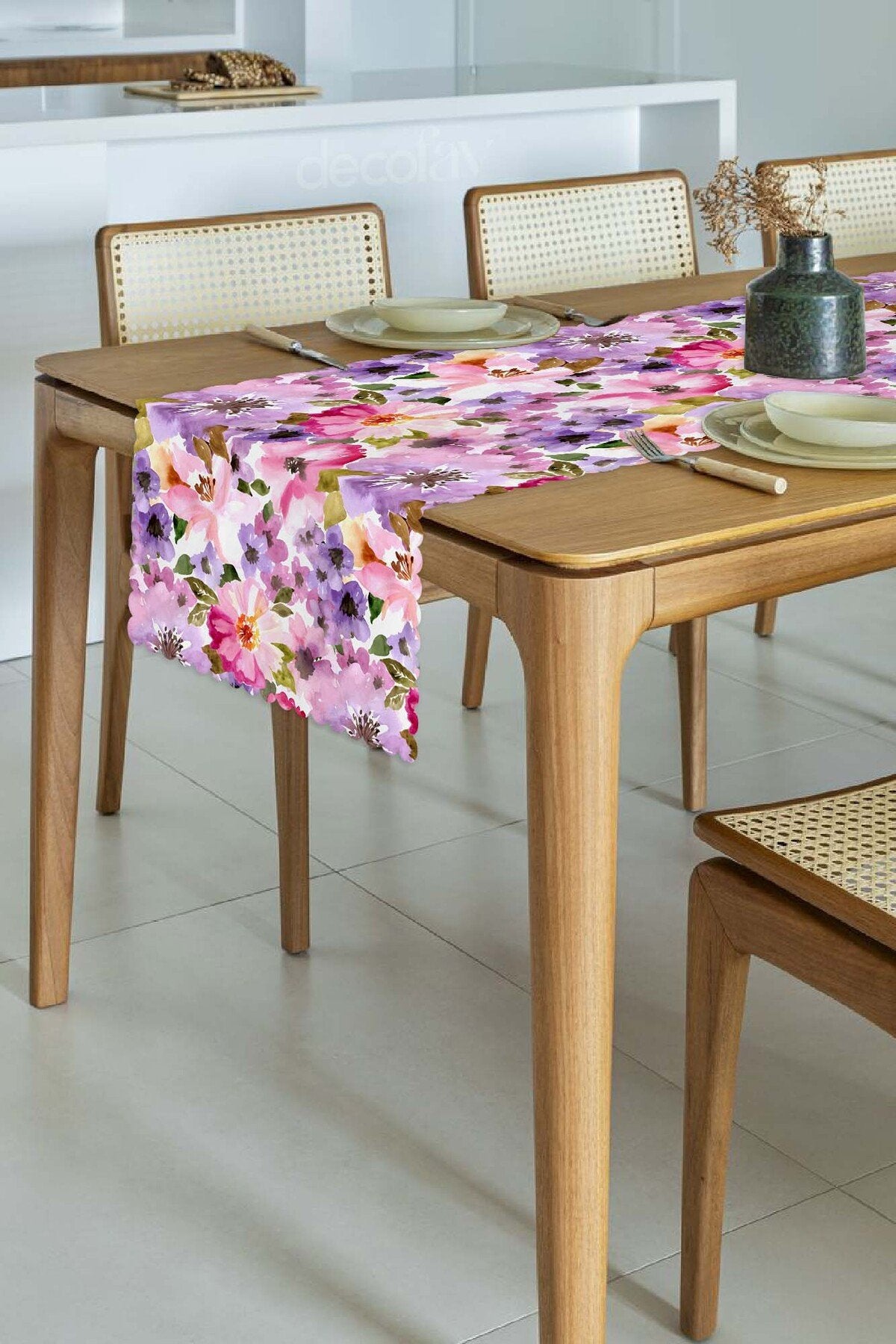 Runner Sulu Boya Pembe Mor Çiçek Desenli Dijital Baskılı - 48x135cm