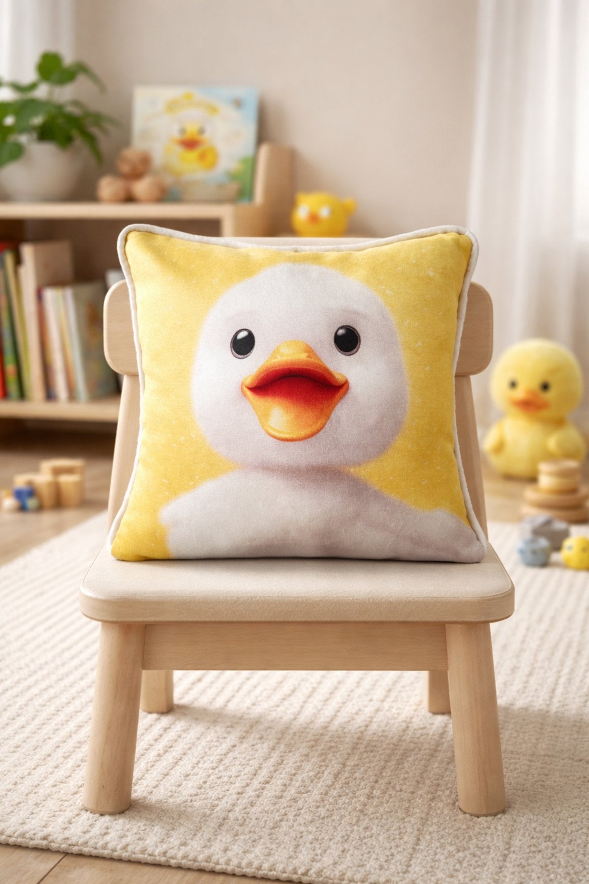 Quirky Duck – Yavru Ördek Temalı İç Dolgulu Dijital Baskılı Kadife Çocuk Kırlenti (32x32 cm)