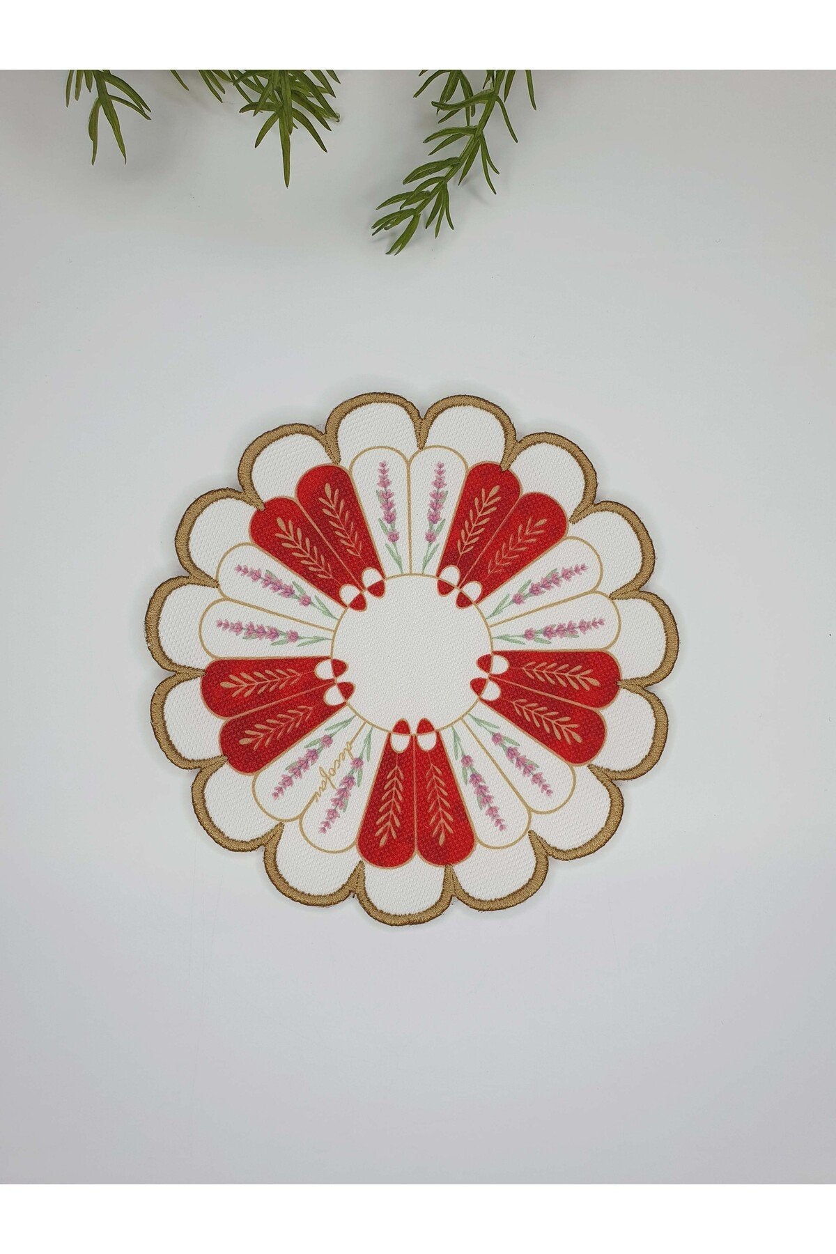 6'lı Lavender Bloom Nakış Kenar Peçetesi Diğital Baskılı Kenar Gold Nakışlı