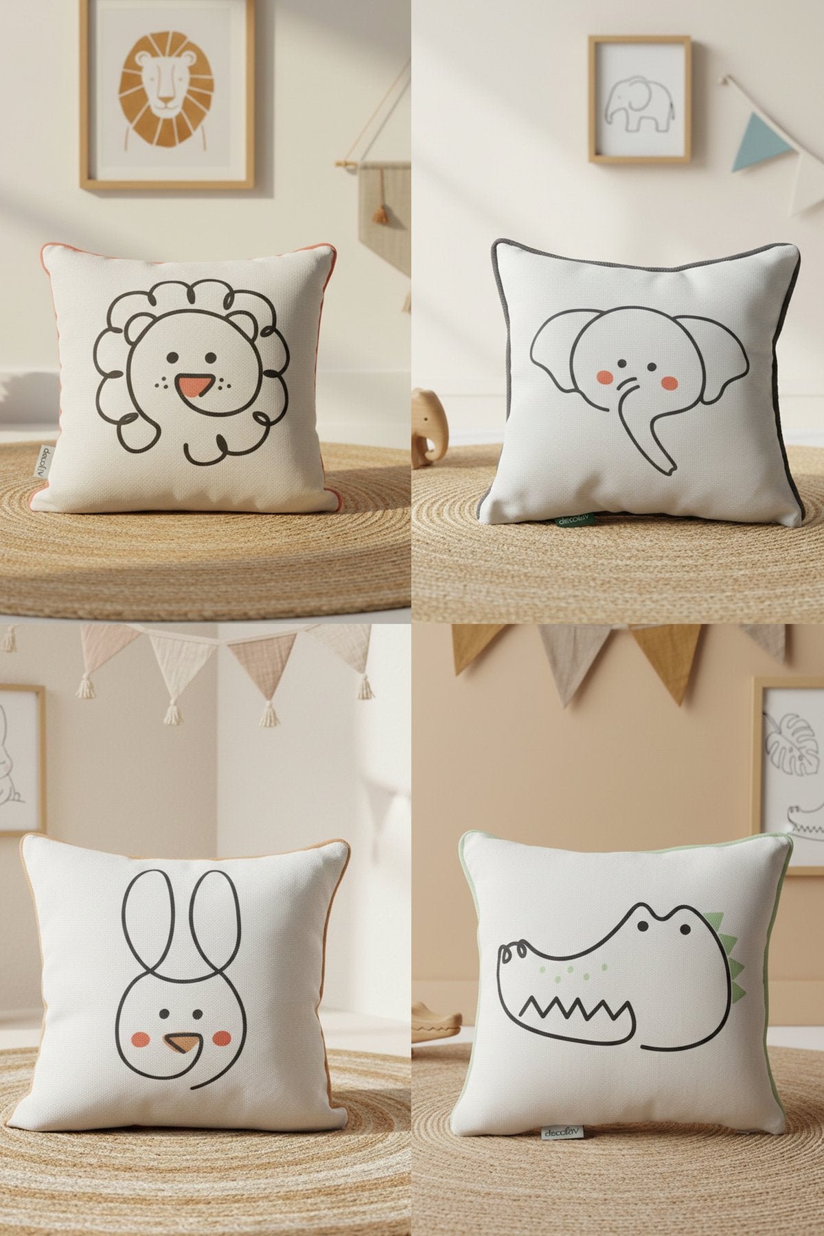 Animal Faces – 4’lü Set Minimal Hayvan Temalı Petek Dokulu İç Dolgulu Çocuk Kırlenti (32x32 cm)