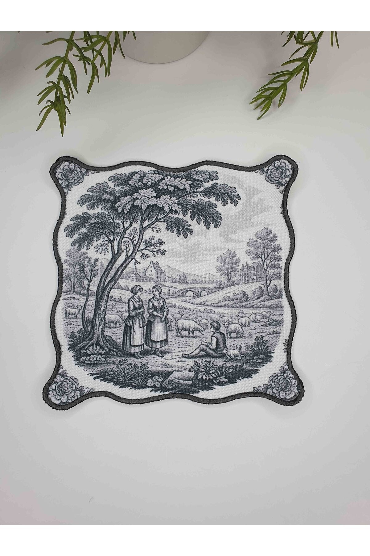 Gri Toile Elegance Serisi Nakışlı Kumaş Kokteyl Peçeteleri 1 Adet