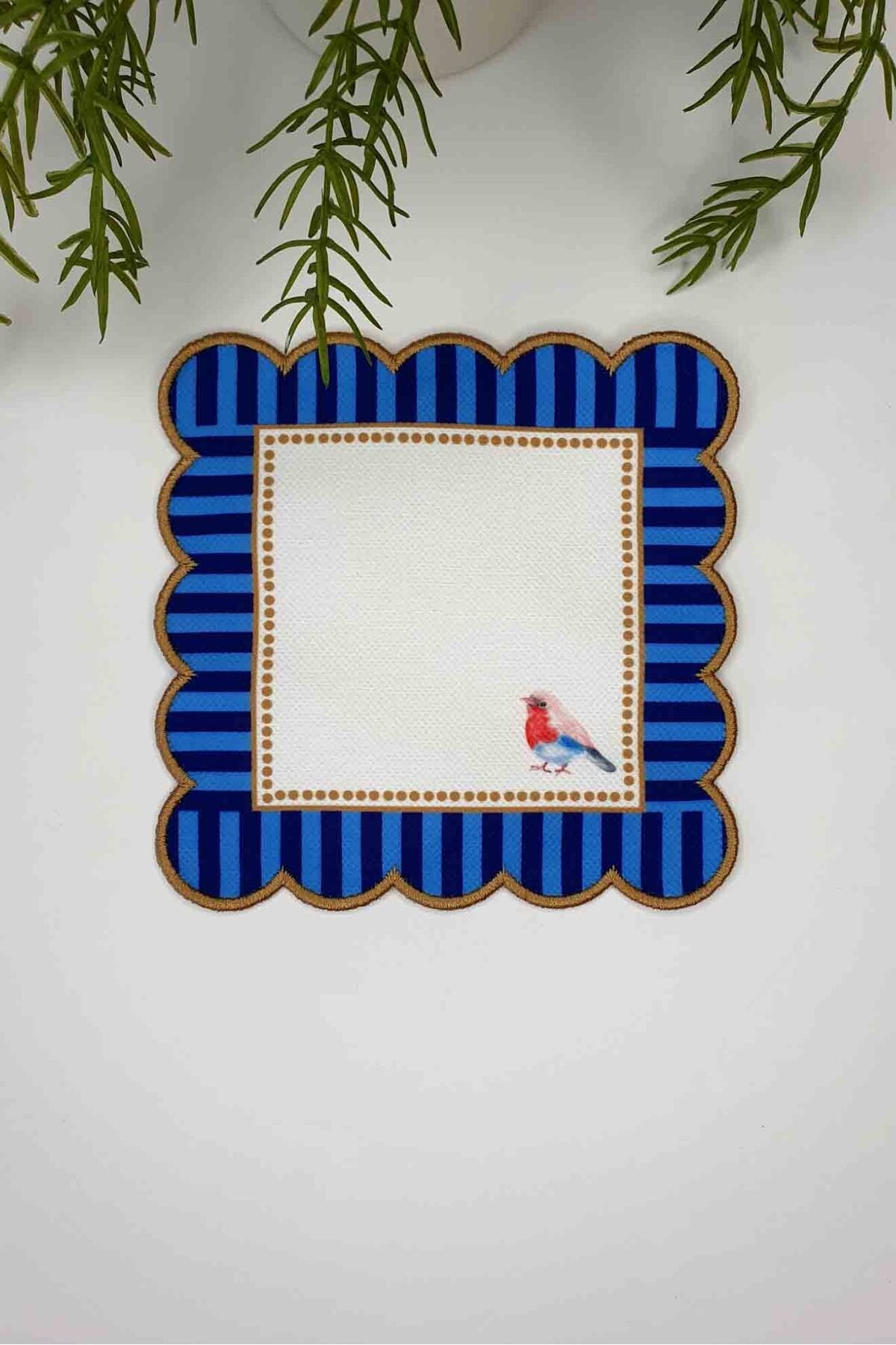 Dekoratif Mavi Kenar Kuş Desenli Dijital Baskılı Nakışlı Kokteyl Peçetesi 1 Adet