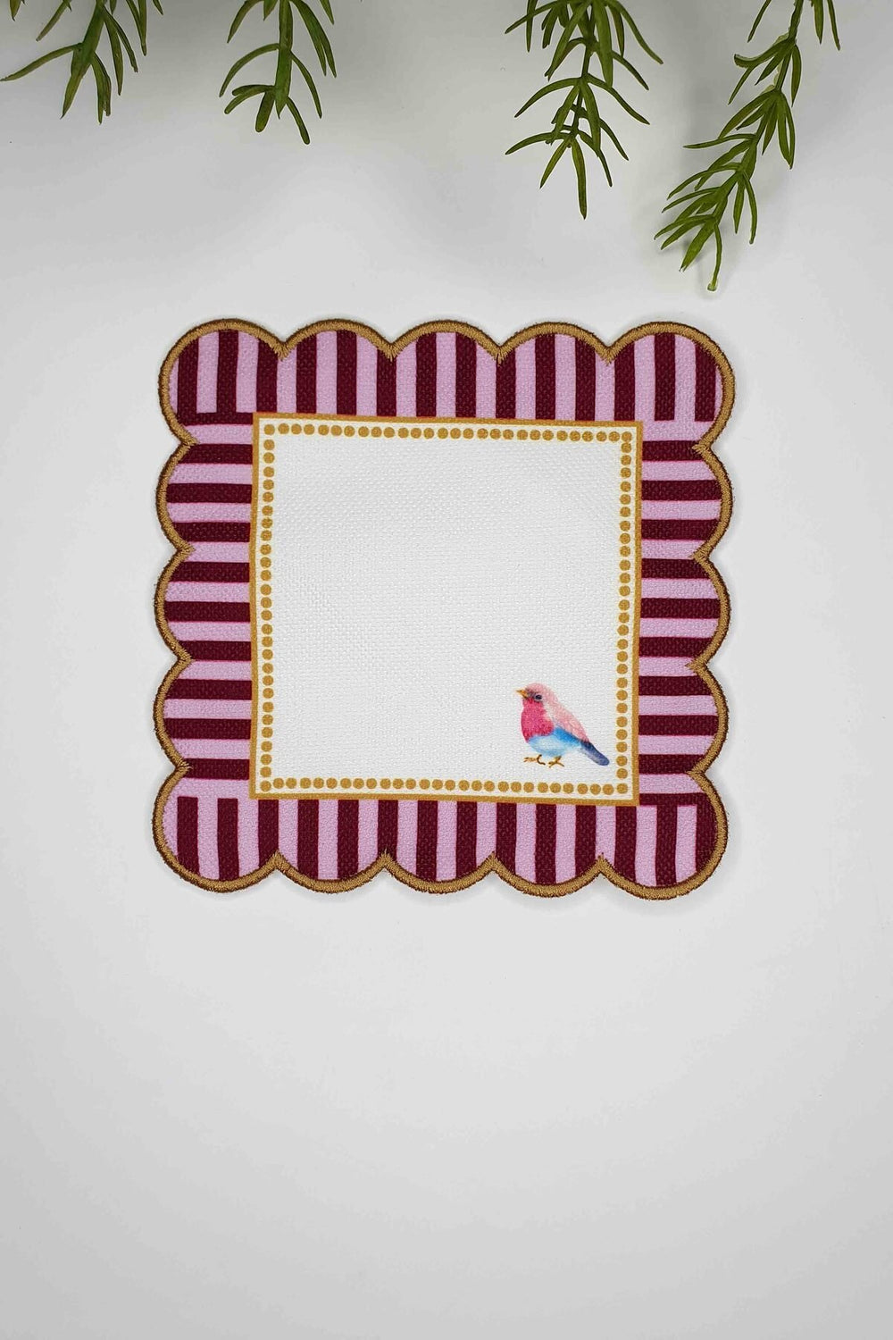 Dekoratif Kenar Kuş Bordo Pembe Desenli Dijital Baskılı Nakışlı Kokteyl Peçetesi 1 Adet - Decofav | Kırlent, Sofra Tekstili, Kumaş