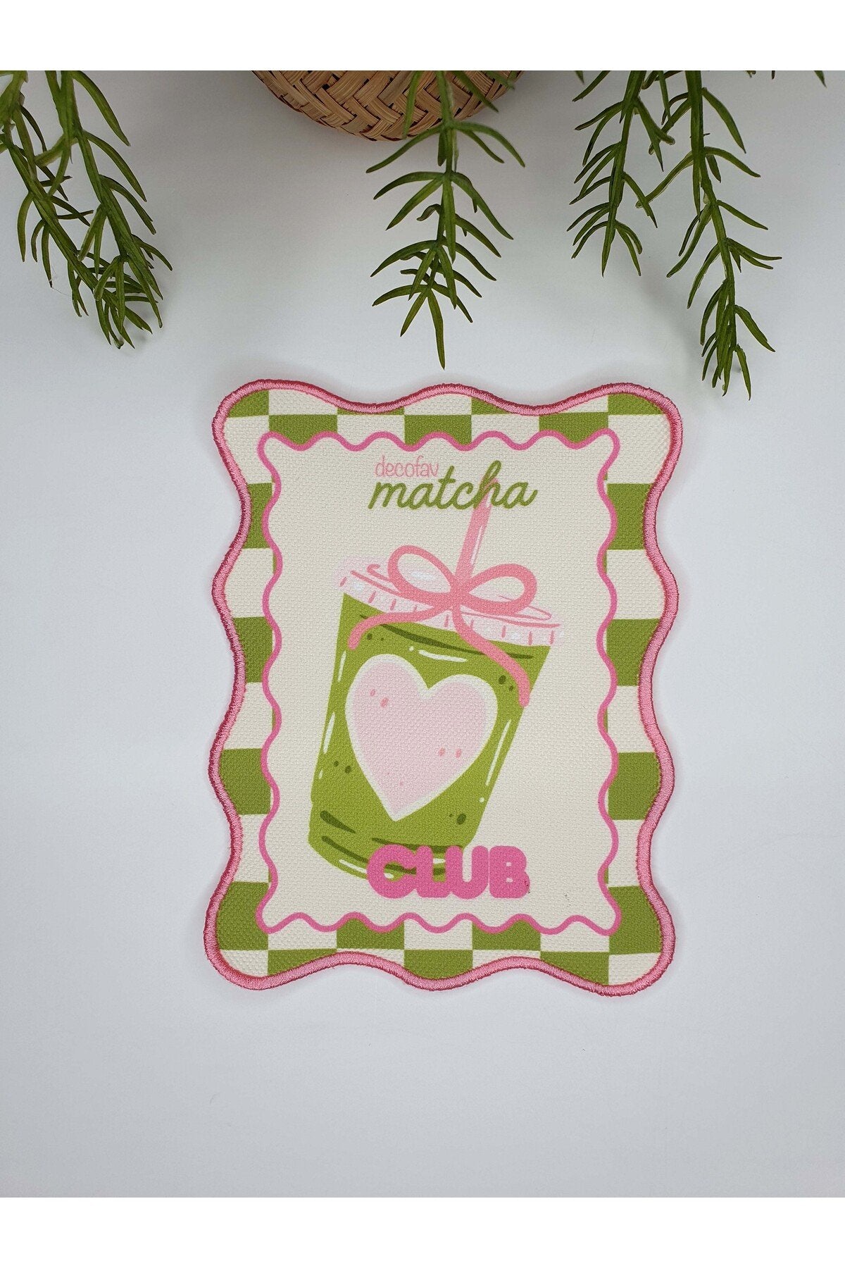 "Matcha Club" Sloganlı Pembe Kurdeleli Matcha Aşkı Pembe Nakışlı Kokteyl Peçetesi