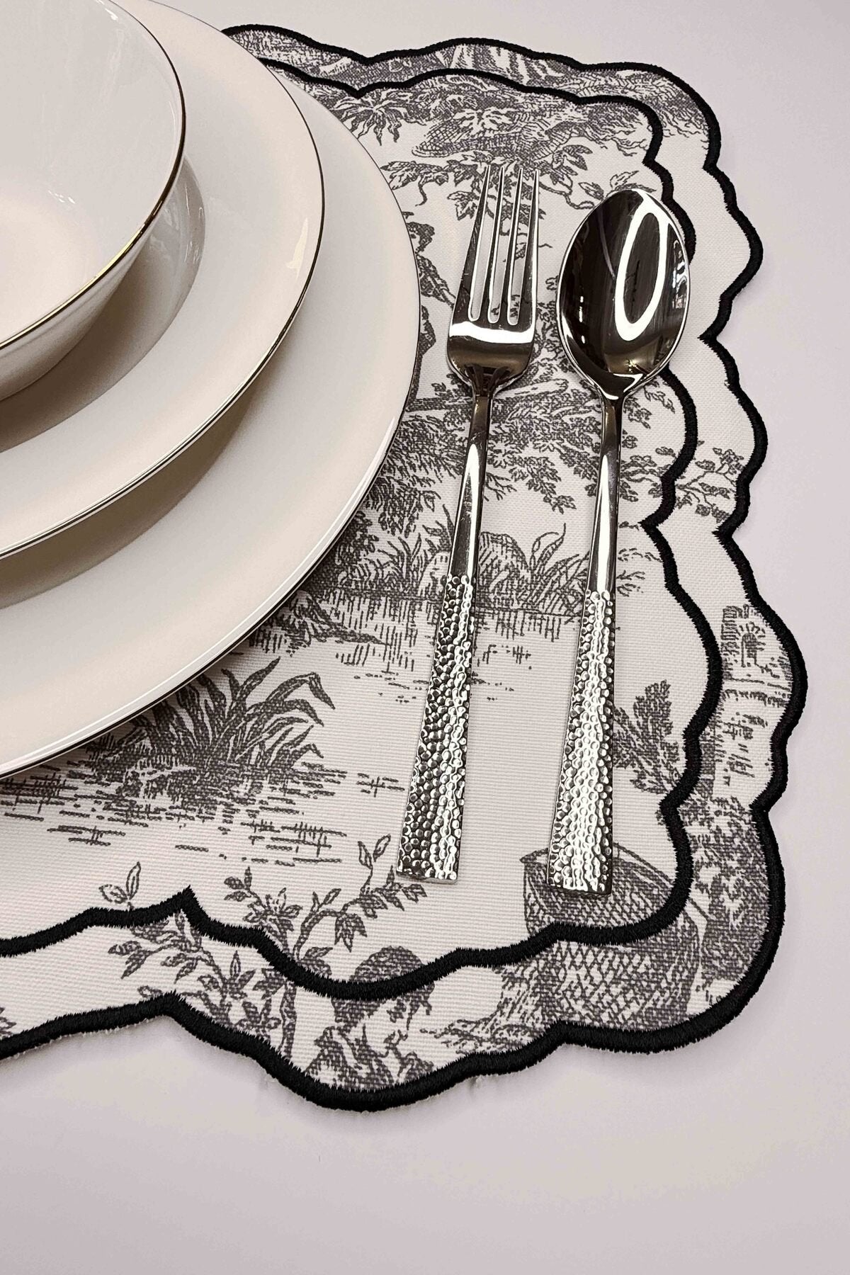 Tableau Gri Toile Desenli Nakışlı Amerikan Servis 2 Adet