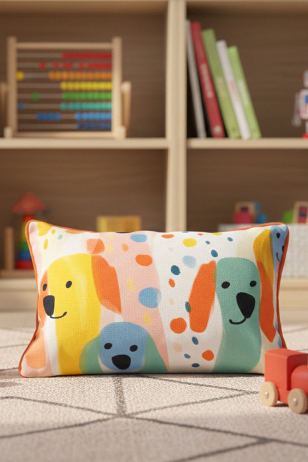 Trio Paws – Eğlenceli Köpek Temalı İç Dolgulu Petek Dokulu Dikdörtgen Çocuk Kırlenti (44x26 cm)