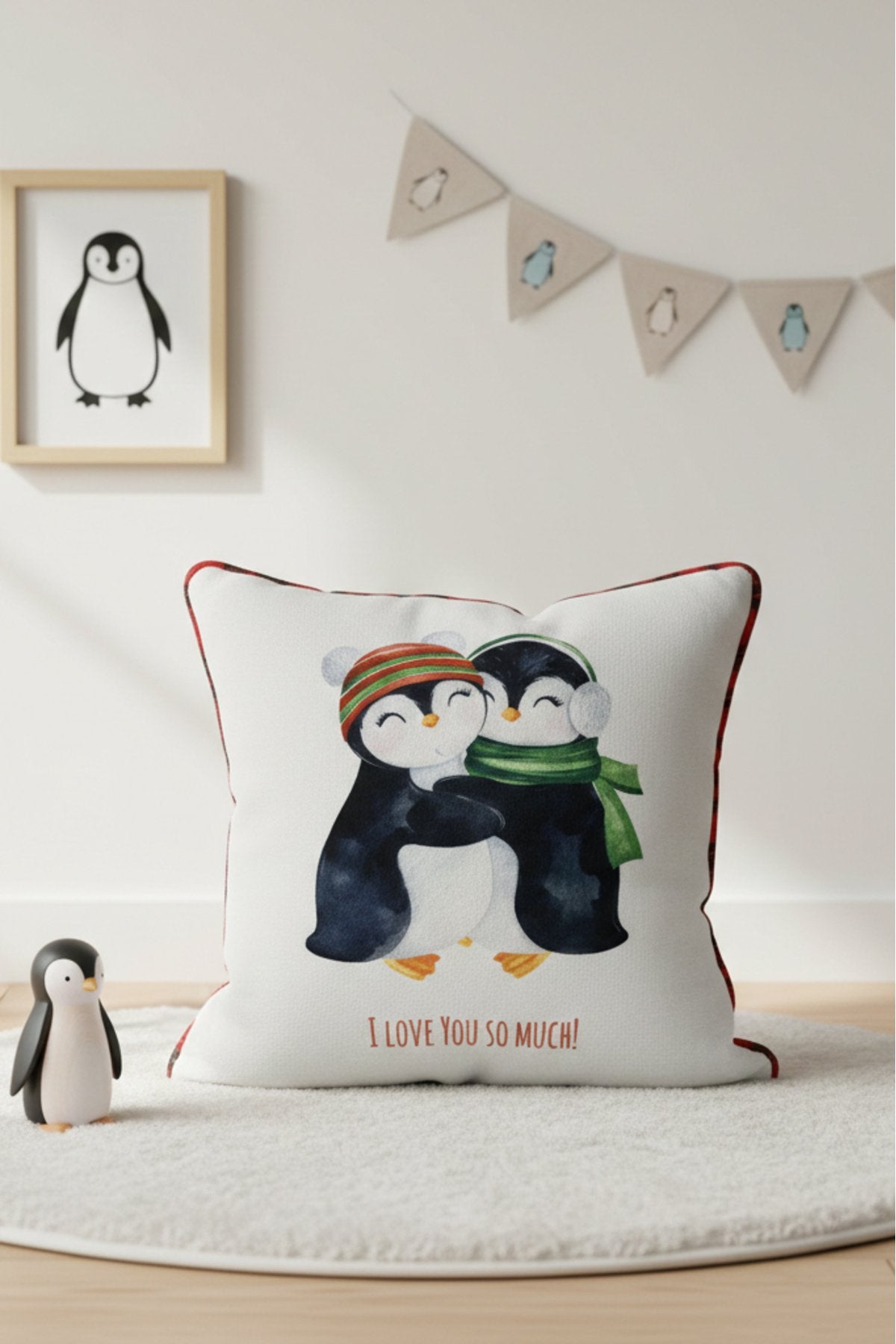 Penguin Hug – Penguen Temalı İç Dolgulu Petek Dokulu Çocuk Kırlenti (32x32 cm)
