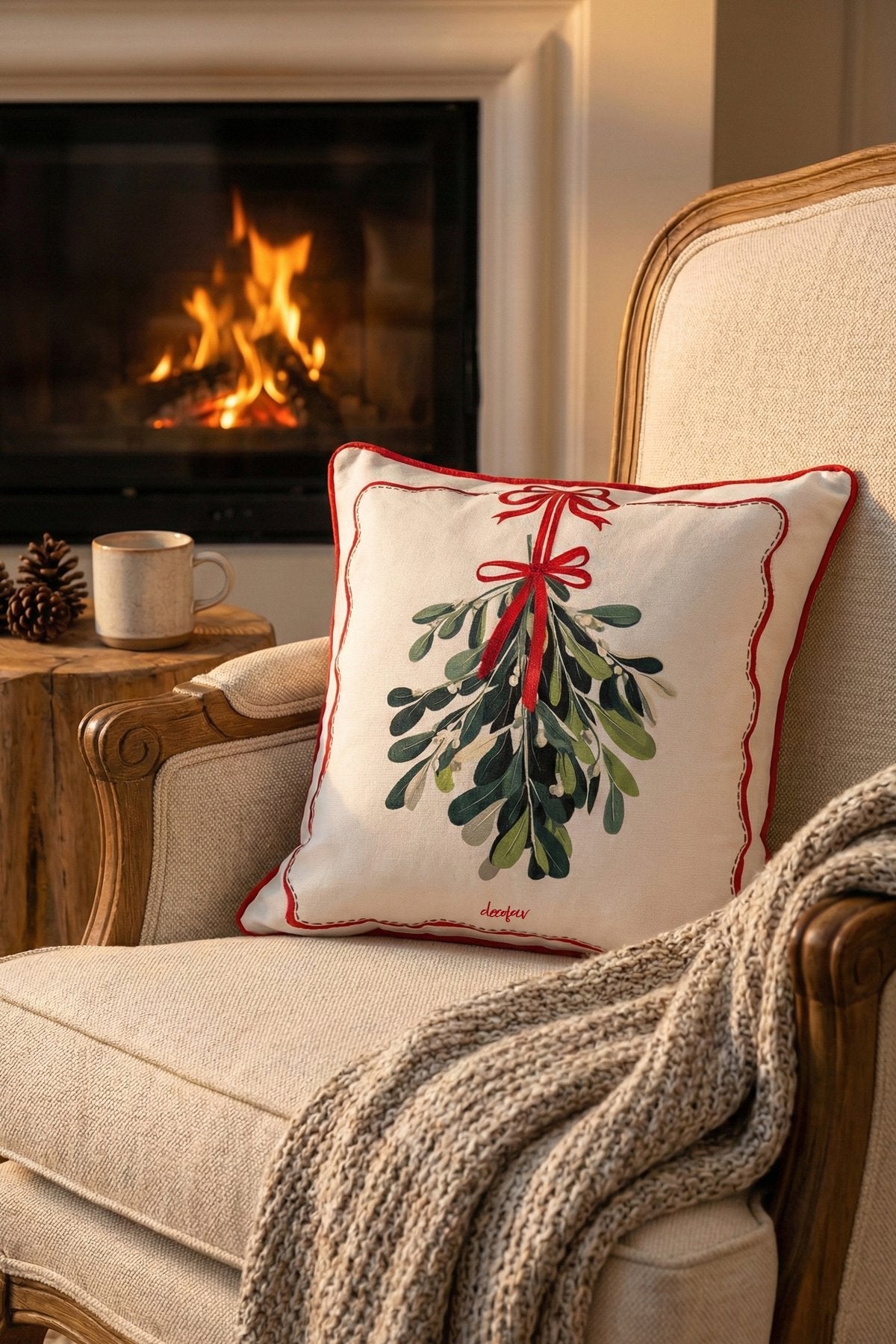 Festive Mistletoe – Dijital Baskılı Fitilli Kırlent Kılıfı - 43x43cm