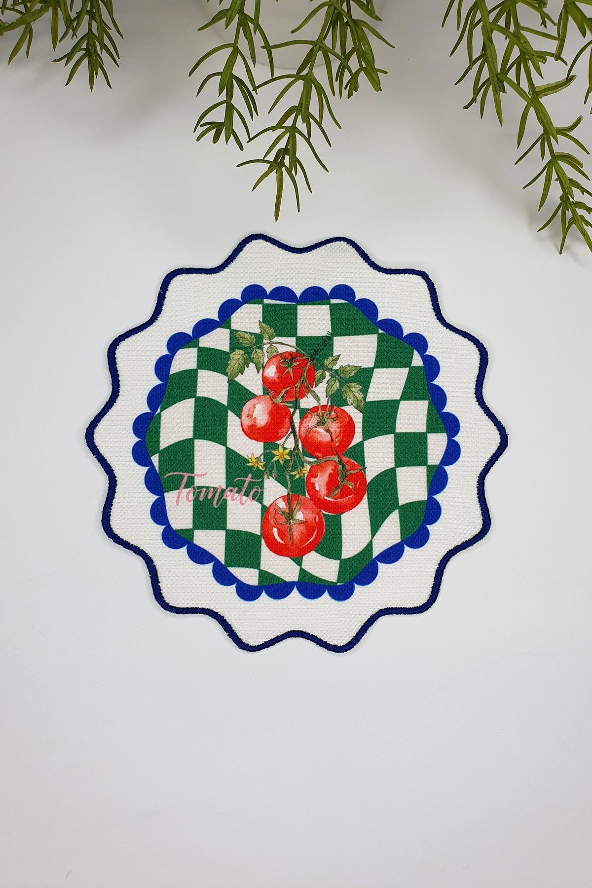 Yeşil Damalı Salkım Domates Desenli Nakış Kenar Kokteyl Peçetesi 1 Adet