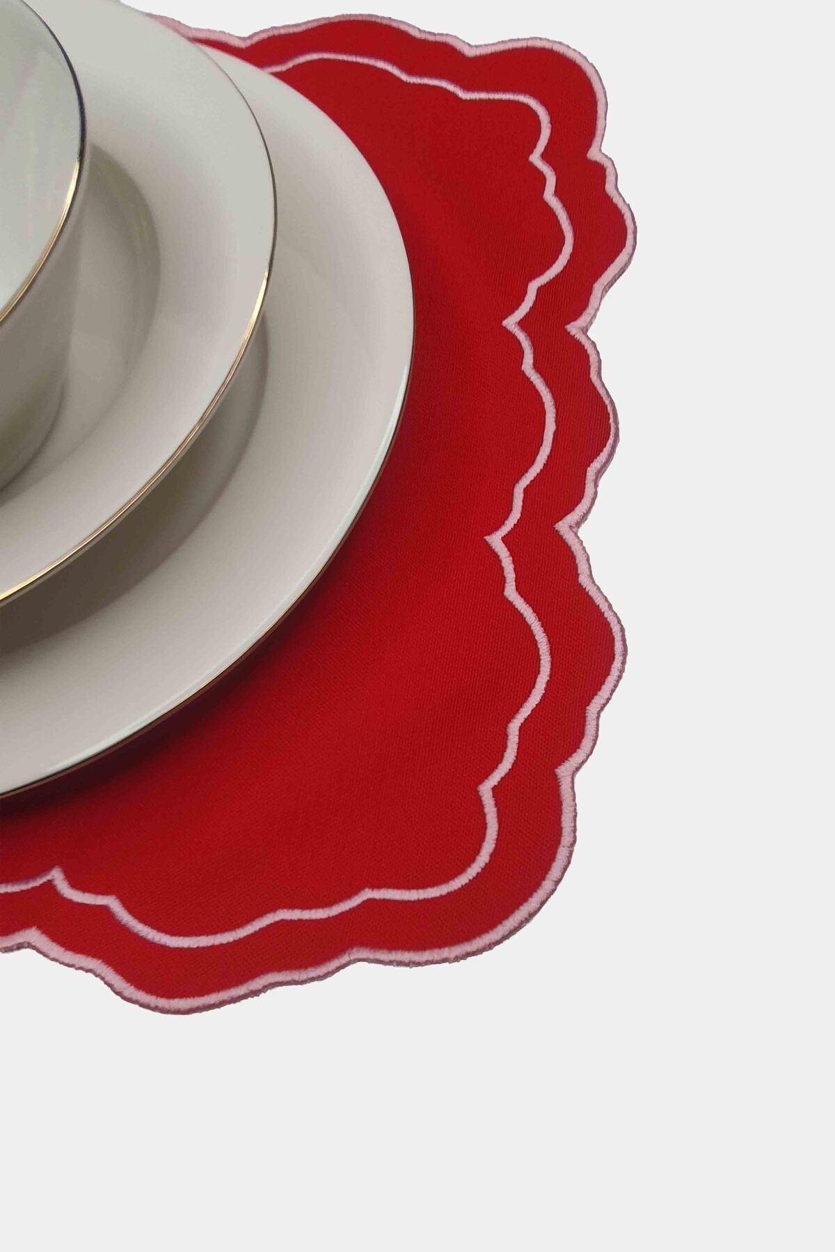 Tableau Kırmızı Toile Desenli Pembe Nakışlı Amerikan Servis 43x35cm 2 Adet