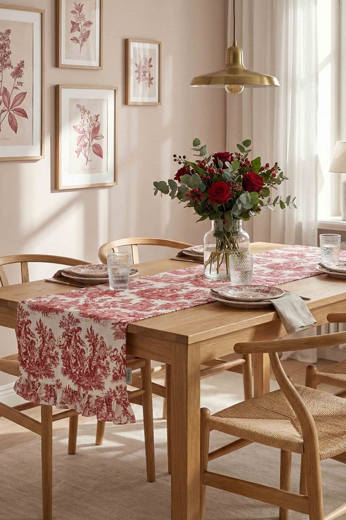 Dekoratif Fırfırlı Bordo Toile Runner – Su İtici Pamuk Karışımlı 140x45 cm
