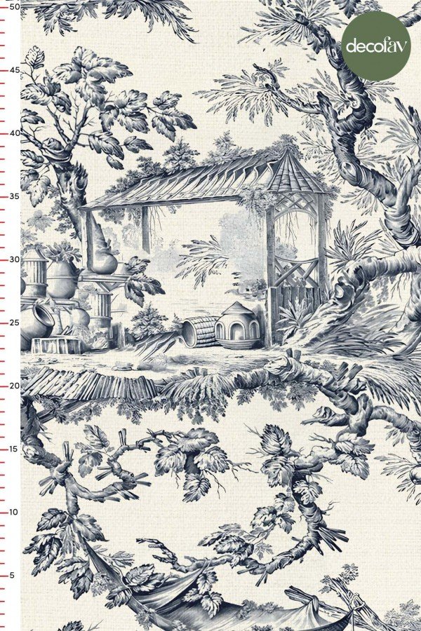 Büyük Toile de Jouy Desenli Dijital Baskılı Kumaş