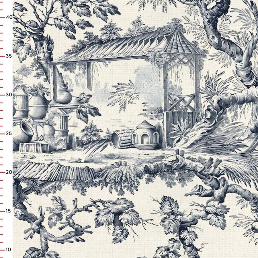Büyük Toile de Jouy Desenli Dijital Baskılı Kumaş