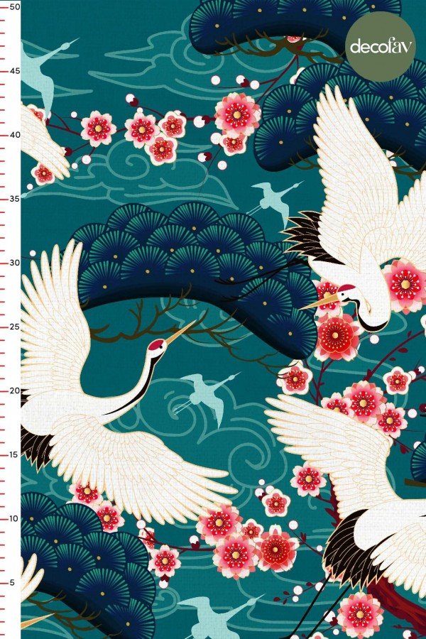 Geleneksel Japon Stili Leylek ve Çiçek Desenli Dijital Baskılı Kumaş