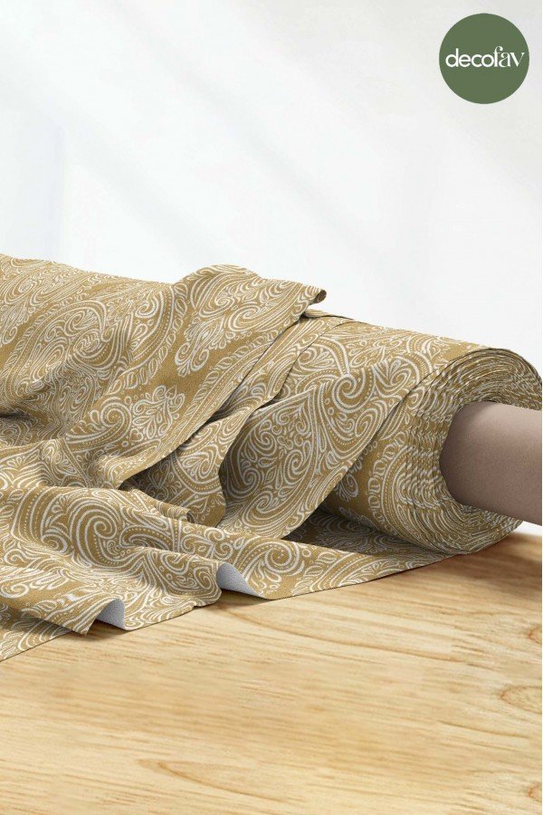 Hardal Rengi Oryantal Damask Desenli Dijital Baskılı Kumaş