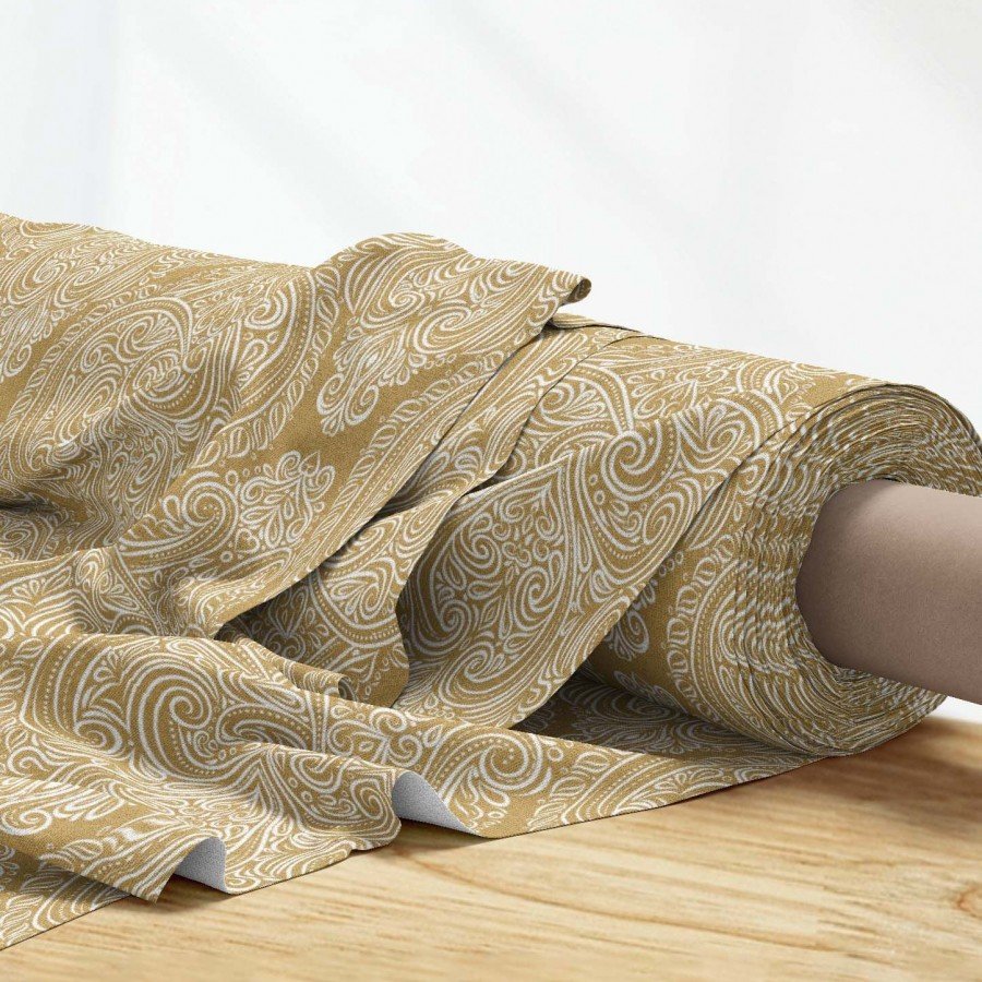 Hardal Rengi Oryantal Damask Desenli Dijital Baskılı Kumaş