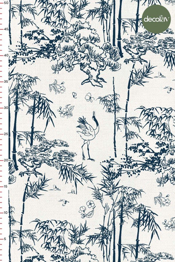 Toile de Jouy Lacivert Orman ve Devekuşu Desenli Dijital Baskılı Kumaş