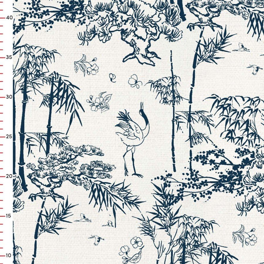 Toile de Jouy Lacivert Orman ve Devekuşu Desenli Dijital Baskılı Kumaş