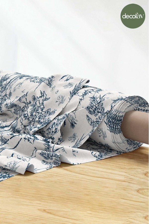 Toile de Jouy Lacivert Orman ve Devekuşu Desenli Dijital Baskılı Kumaş