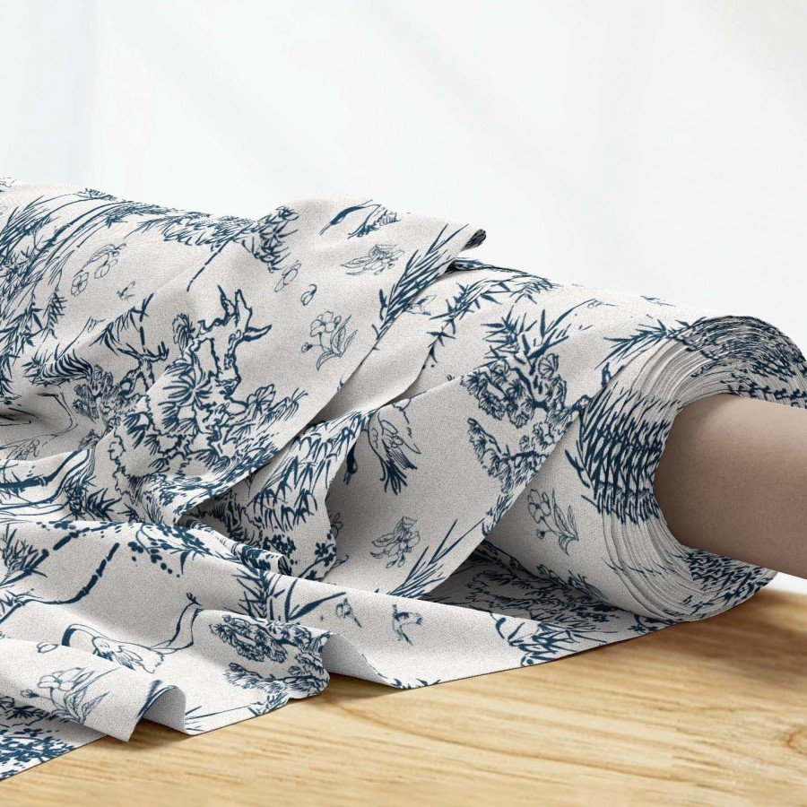 Toile de Jouy Lacivert Orman ve Devekuşu Desenli Dijital Baskılı Kumaş