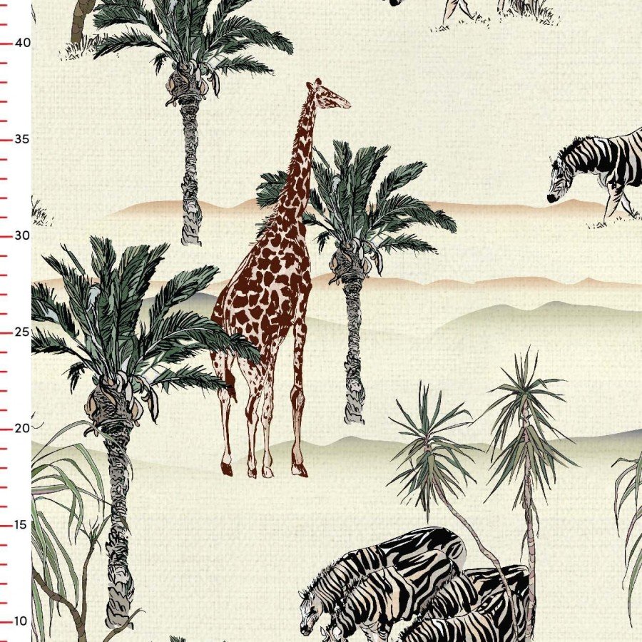 El Çizimi Zürafa Zebra ve Palmiye Ağaçları Tasarımlı Dijital Baskılı Kumaş