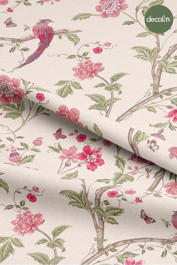 Chinoserie Stili Dallar ve Kuşlar Desenli Dijital Baskılı Kumaş Chinoserie Stili Dallar ve Kuşlar Desenli Dijital Baskılı Kumaş