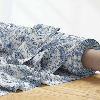 Indigo Safari Toile de Jouy Tarzı Dijital Baskılı Kumaş