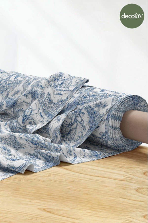 Indigo Safari Toile de Jouy Tarzı Dijital Baskılı Kumaş