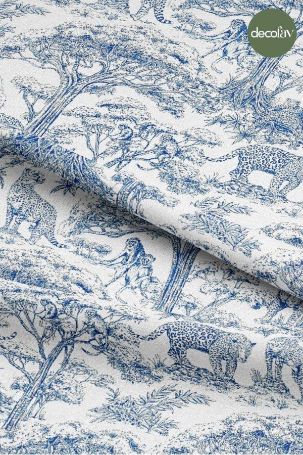 Indigo Safari Toile de Jouy Tarzı Dijital Baskılı Kumaş Indigo Safari Toile de Jouy Tarzı Dijital Baskılı Kumaş