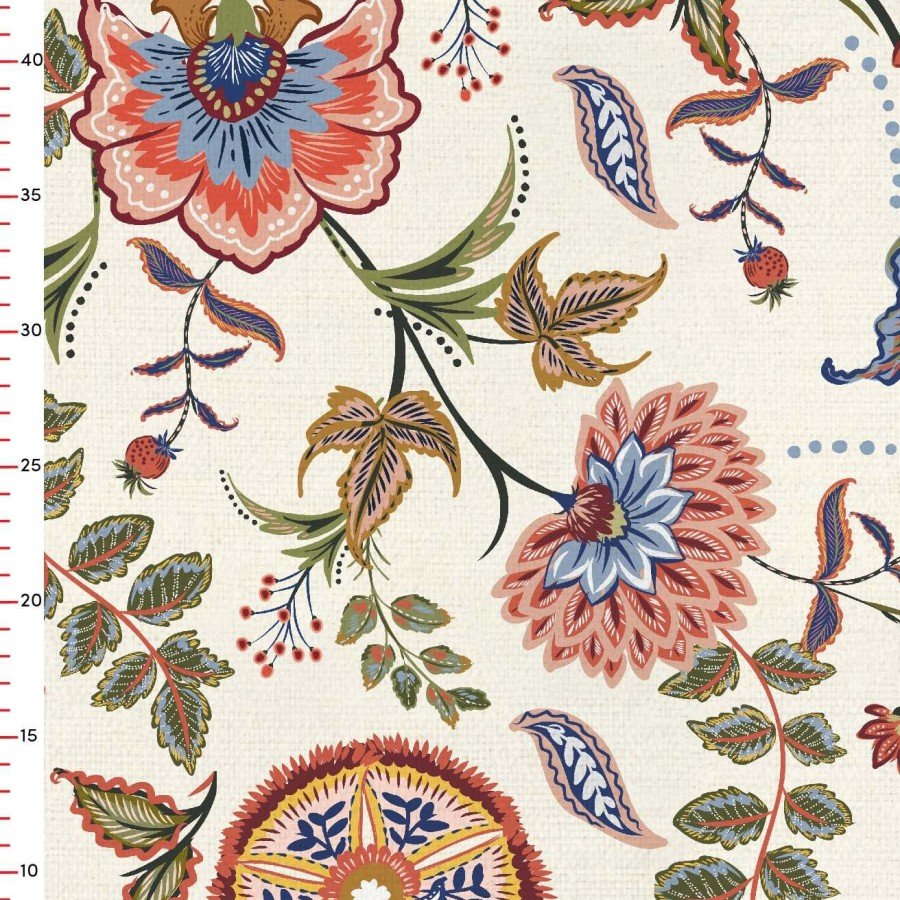 El Çizimi Folk Çiçek Desenli Dijital Baskılı Kumaş