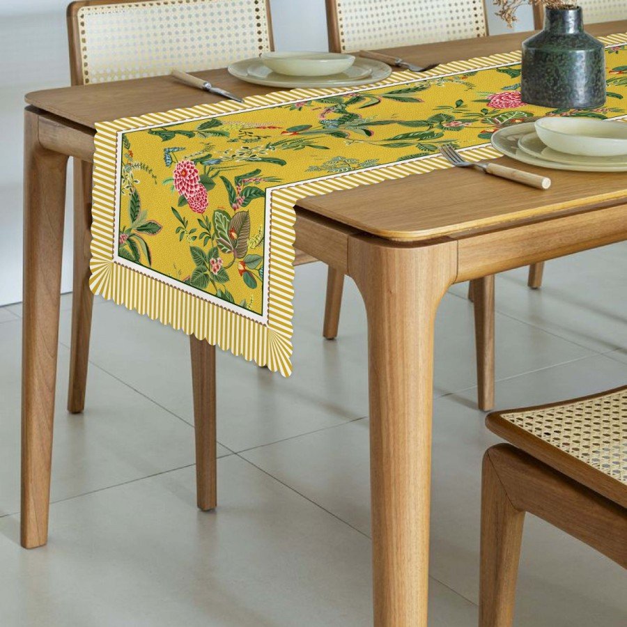 Sarı Zemin Botanik Çiçekler Tasarımlı Lazer Kesim Runner 48x135cm
