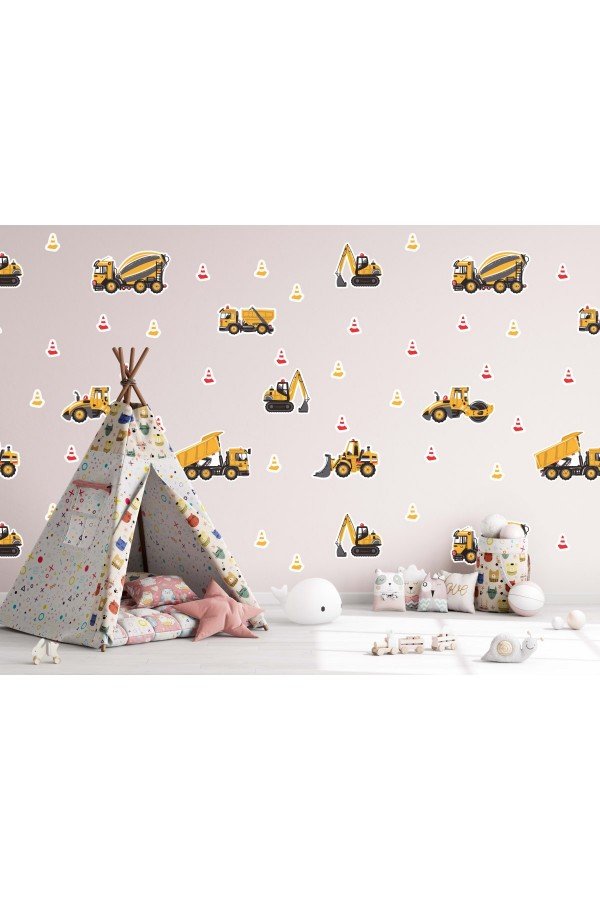 İş Makinaları Sticker Seti Dozer, Kamyon, Kepçe, Mikser, Silindir ve Dubalar 25 Parça