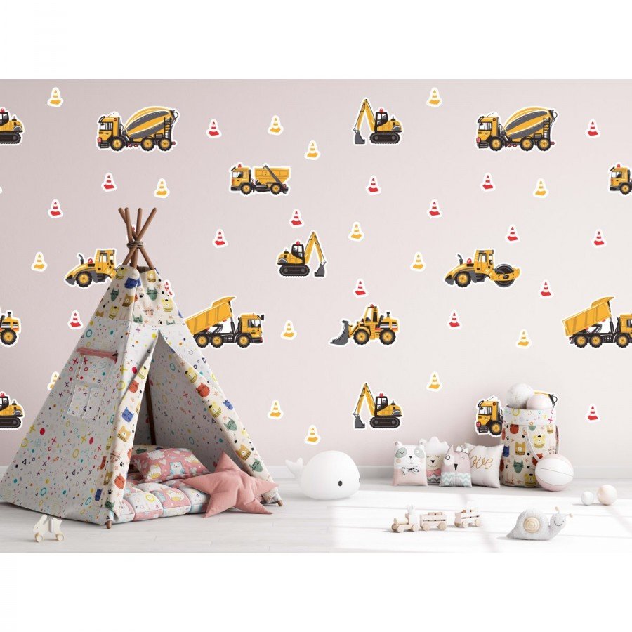 İş Makinaları Sticker Seti Dozer, Kamyon, Kepçe, Mikser, Silindir ve Dubalar 25 Parça