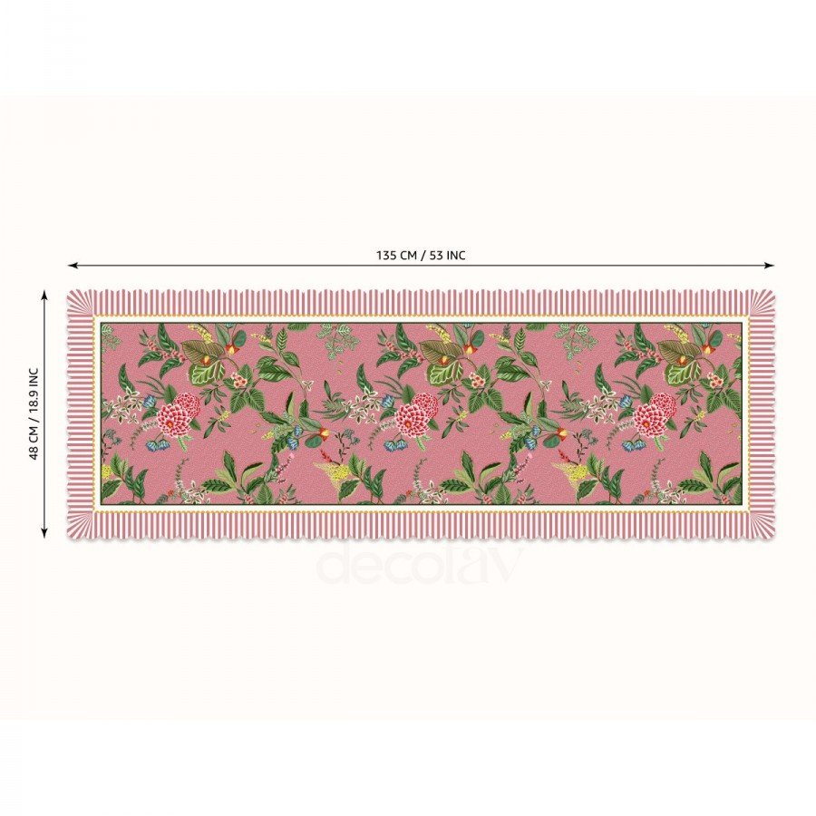 Pembe Zemin Botanik Çiçekler Tasarımlı Lazer Kesim Runner 48x135cm