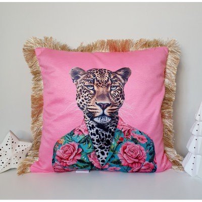 Leopar Desenli Pembe Kadife Saçaklı Dekoratif Kırlent Kılıfı 43x43 cm