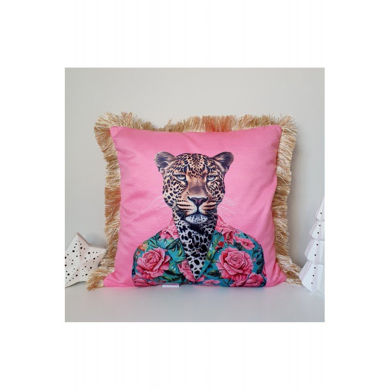 Leopar Desenli Pembe Kadife Saçaklı Dekoratif Kırlent Kılıfı 43x43 cm