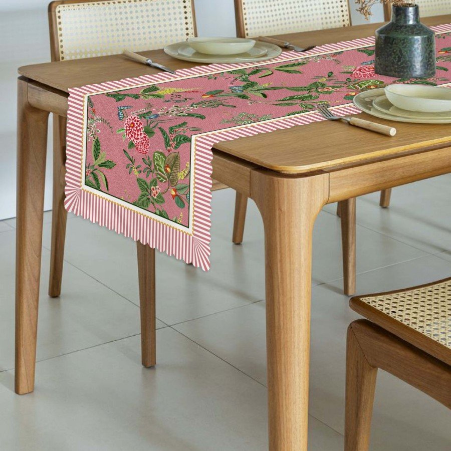 Pembe Zemin Botanik Çiçekler Tasarımlı Lazer Kesim Runner 48x135cm