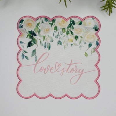 Love Story Sloganlı Beyaz Gül Desenli Nakış Kenar Kokteyl Peçetesi 1 Adet