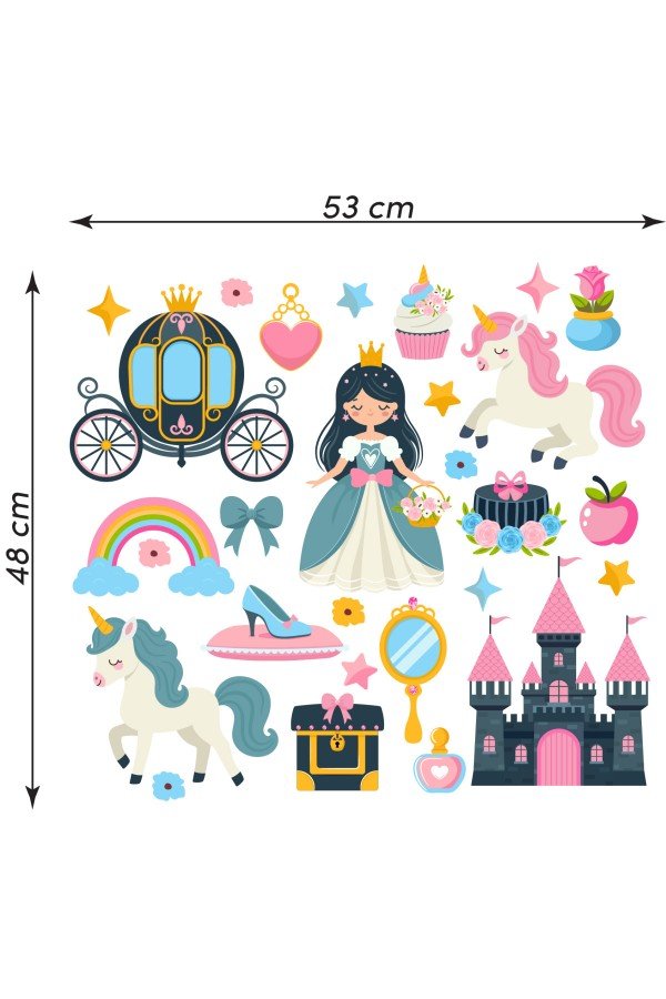 Kız Çocuk Odası Prenses, Kale, Şato ve Unicorn Temalı Sticker Seti 28 Parça