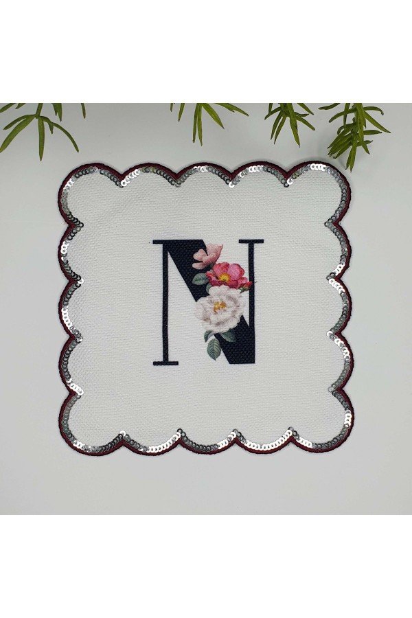 N Harfi Baskılı Kişiye Özel Pul İşlemeli Monogramlı Nakış Kenar Pullu Kokteyl Peçetesi 1 Adet
