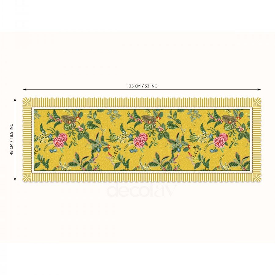 Sarı Zemin Botanik Çiçekler Tasarımlı Lazer Kesim Runner 48x135cm