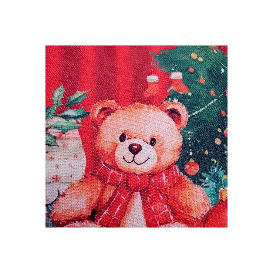 Kırmızı Şeritli Teddy Ayıcık Desenli Yılbaşı Kırlent Kılıfı