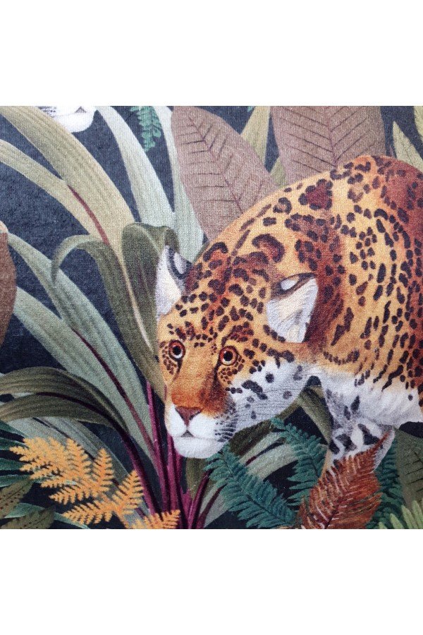 Egzotik Tropikal Leoparlar Tasarımlı Kadife Kırlent Kılıfı Saçak Detaylı