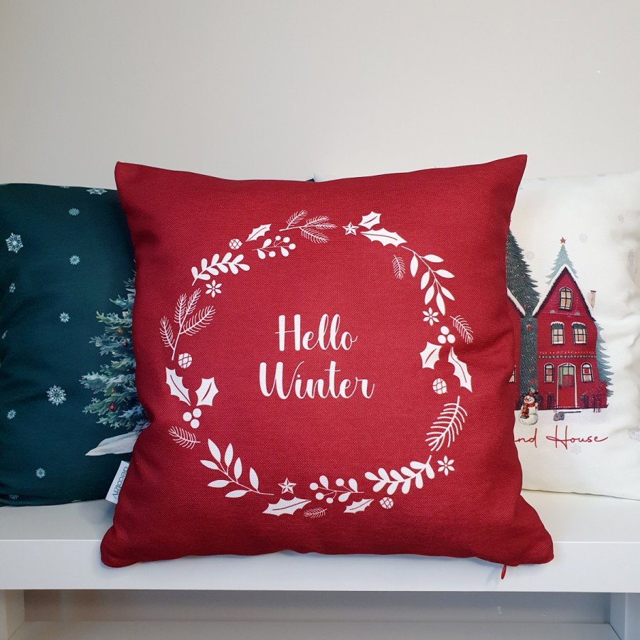 Hello Winter Slogan Desenli Bordo Kırlent Kılıfı