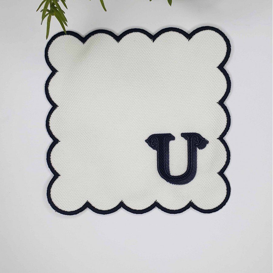 U Harfi Minimal Monogramlı Siyah Nakış Kenarlı Beyaz Kokteyl Peçetesi 1 Adet
