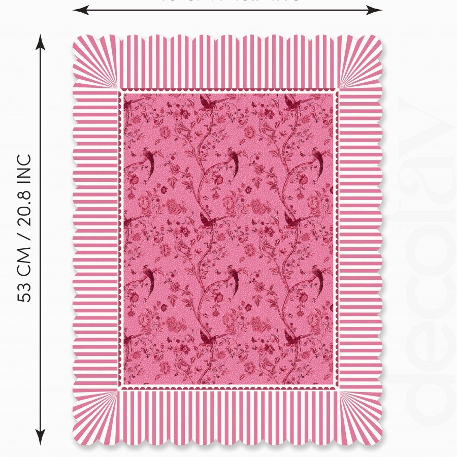 Pembe Zemin Dekoratif Kenar Kuşlar ve Dallar Tasarımlı Lazer Kesim Dikişsiz Fırın Örtüsü - 40x53cm