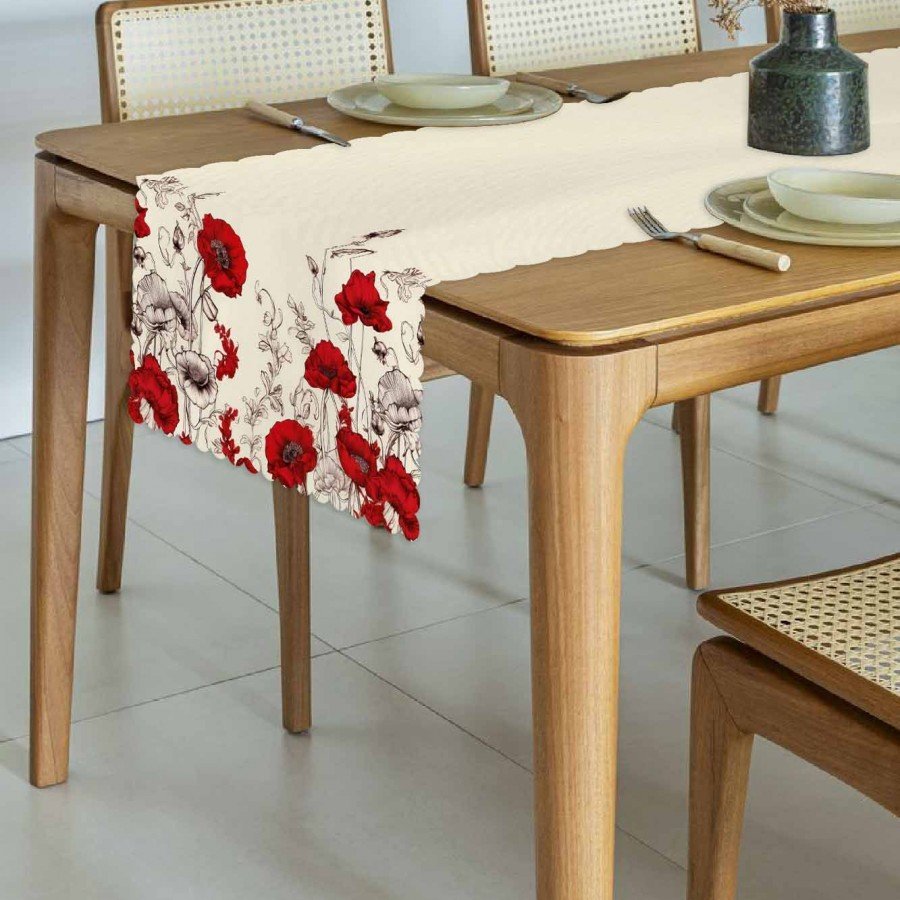 Kırmızı Gelincik Çiçek ve Slogan Tasarımlı Lazer Kesim Runner - 48x135cm
